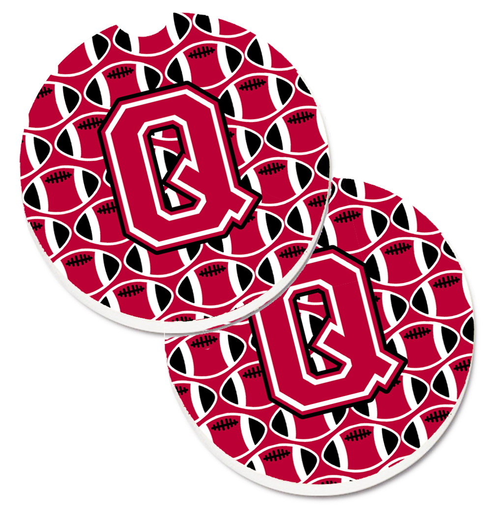 CJ1079-QCARC Letter Q Football Crimson & White Set of 2 Cup Holder Car Coaster