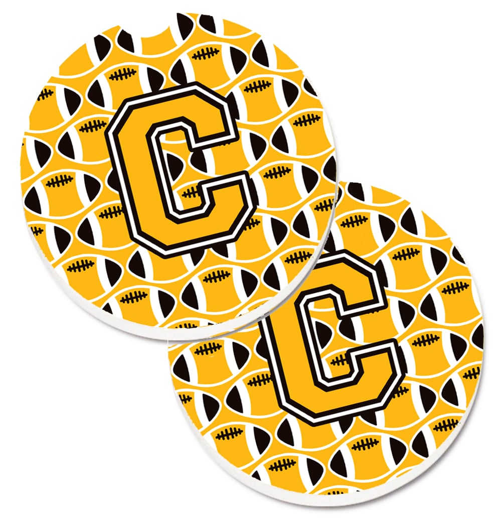 CJ1080-CCARC Letter C Football Black with Old Gold & White Set of 2 Cup Holder Car Coaster