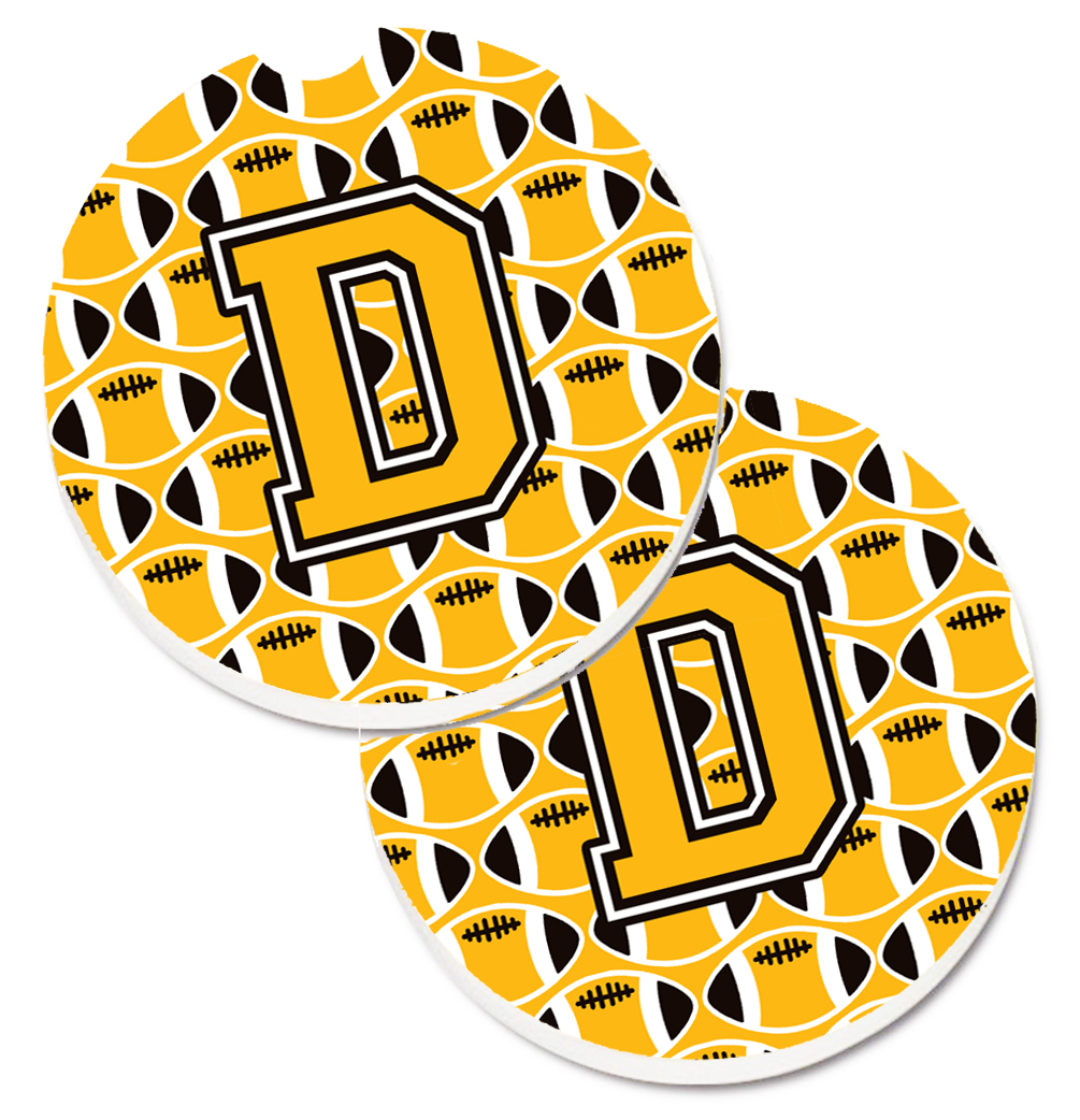CJ1080-DCARC Letter D Football Black with Old Gold & White Set of 2 Cup Holder Car Coaster