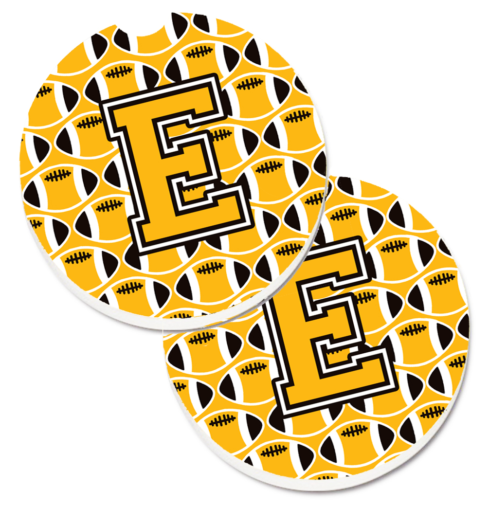 CJ1080-ECARC Letter E Football Black with Old Gold & White Set of 2 Cup Holder Car Coaster