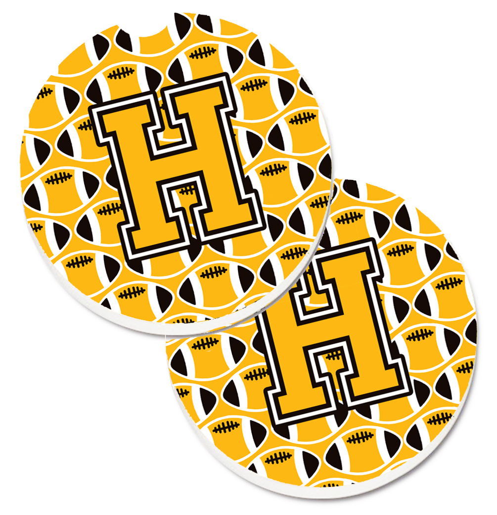 CJ1080-HCARC Letter H Football Black with Old Gold & White Set of 2 Cup Holder Car Coaster
