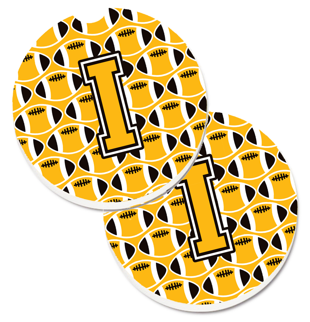 CJ1080-ICARC Letter I Football Black with Old Gold & White Set of 2 Cup Holder Car Coaster