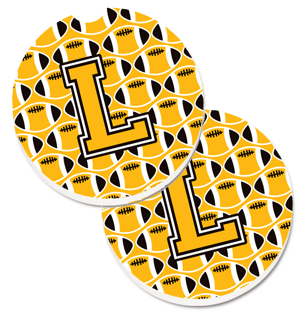 CJ1080-LCARC Letter L Football Black with Old Gold & White Set of 2 Cup Holder Car Coaster