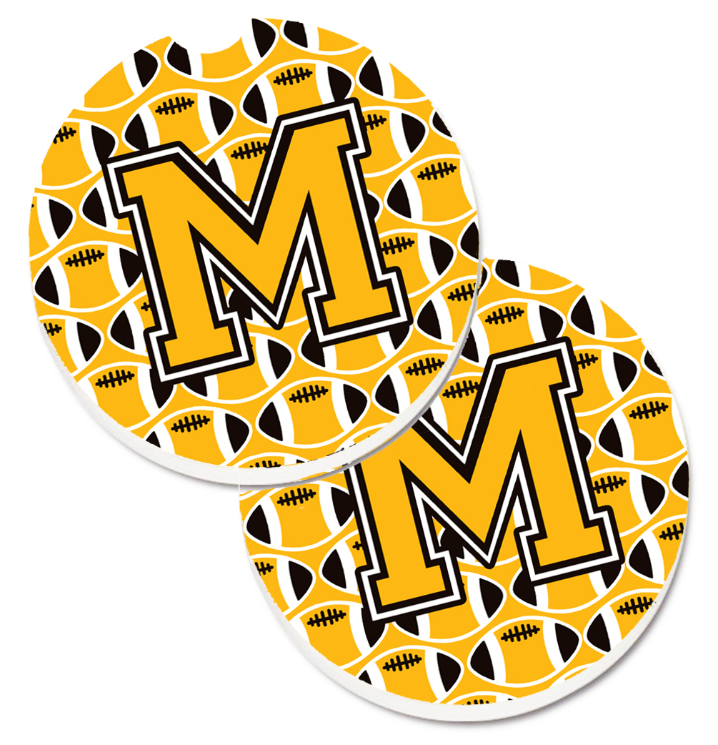 CJ1080-MCARC Letter M Football Black with Old Gold & White Set of 2 Cup Holder Car Coaster