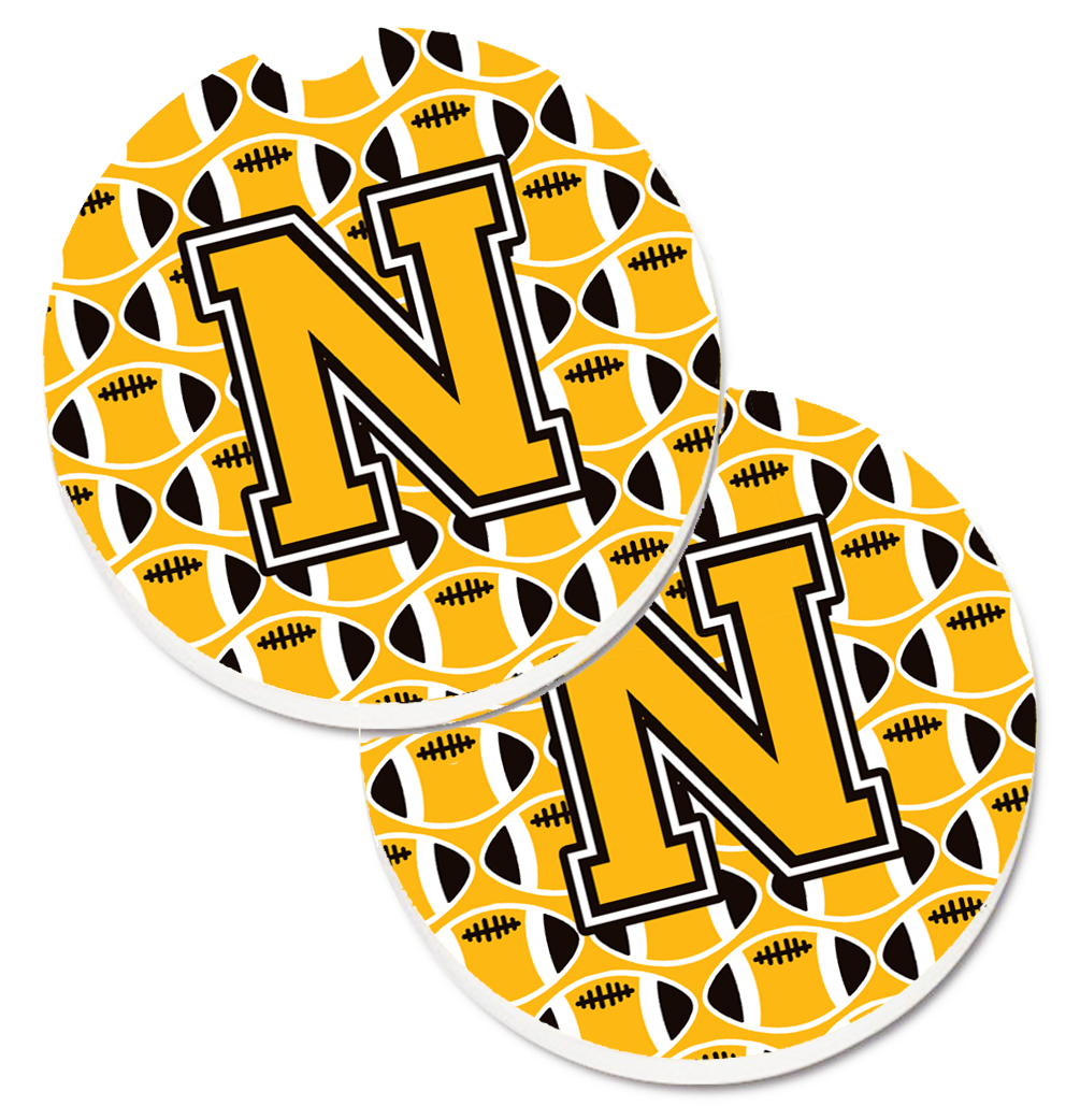 CJ1080-NCARC Letter N Football Black with Old Gold & White Set of 2 Cup Holder Car Coaster