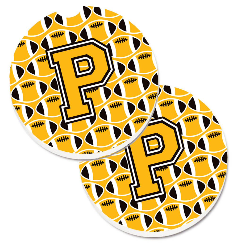 CJ1080-PCARC Letter P Football Black with Old Gold & White Set of 2 Cup Holder Car Coaster