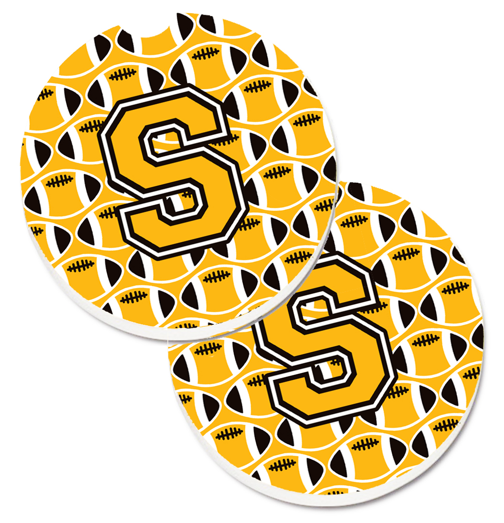 CJ1080-SCARC Letter S Football Black with Old Gold & White Set of 2 Cup Holder Car Coaster