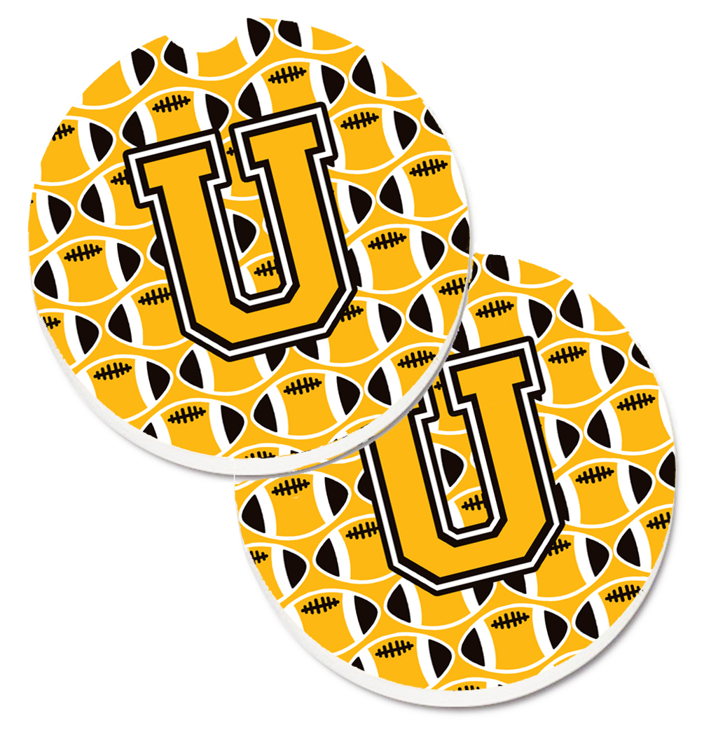 CJ1080-UCARC Letter U Football Black with Old Gold & White Set of 2 Cup Holder Car Coaster