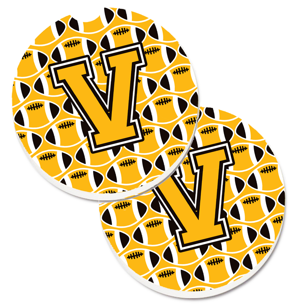 CJ1080-VCARC Letter V Football Black with Old Gold & White Set of 2 Cup Holder Car Coaster