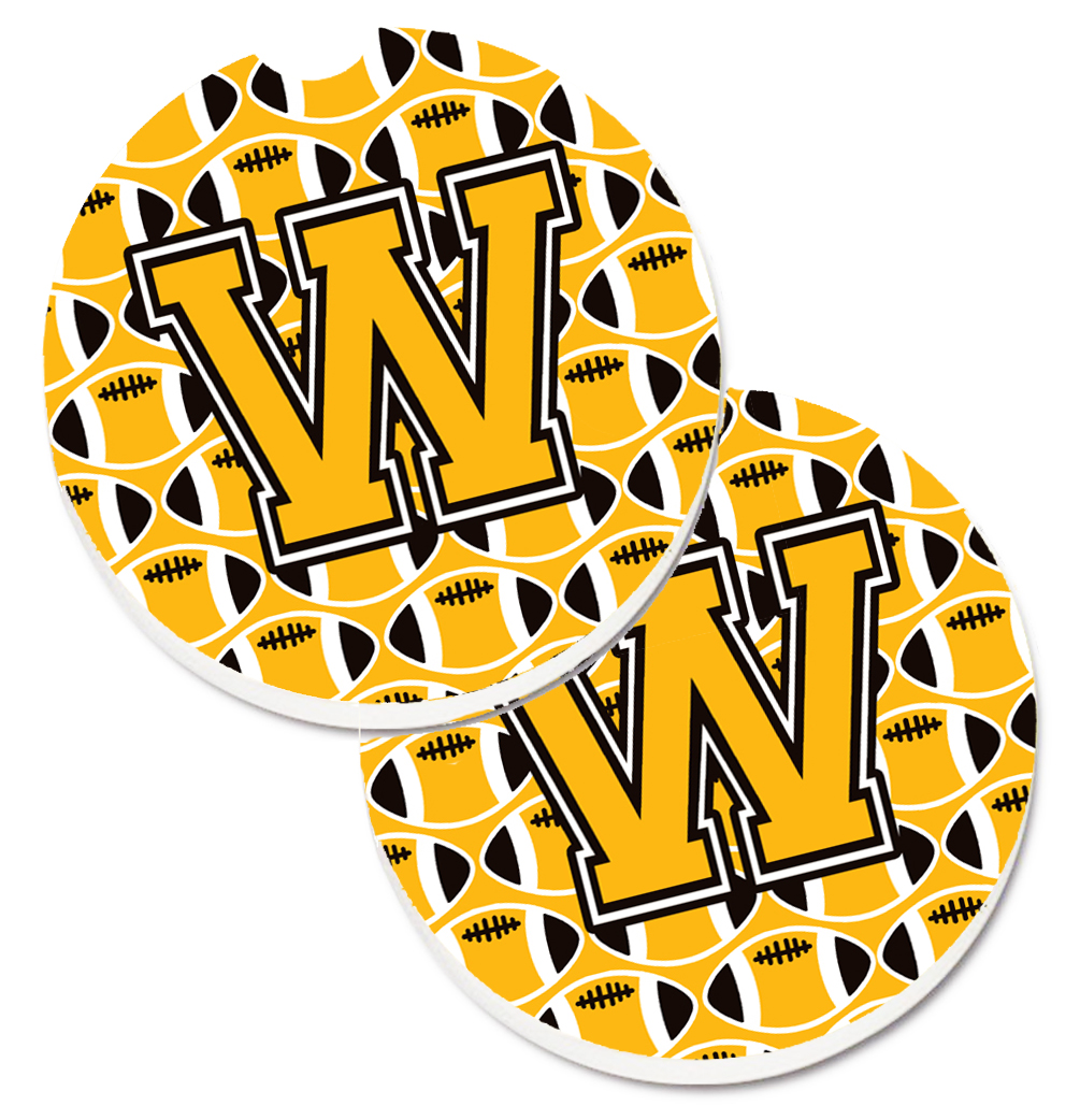 CJ1080-WCARC Letter W Football Black with Old Gold & White Set of 2 Cup Holder Car Coaster