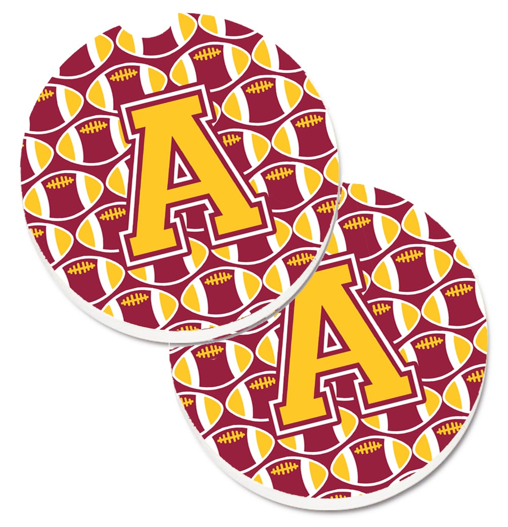 CJ1081-ACARC Letter A Football Maroon & Gold Set of 2 Cup Holder Car Coaster