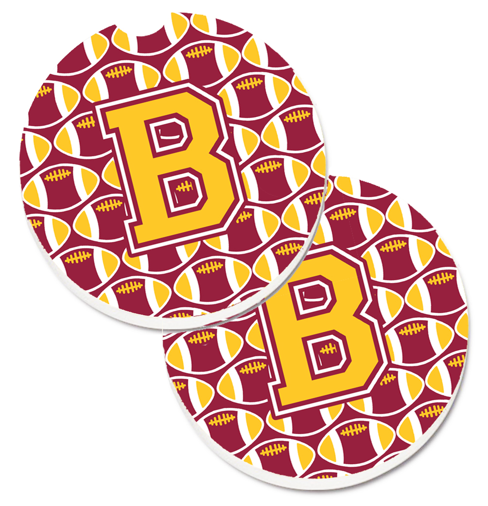 CJ1081-BCARC Letter B Football Maroon & Gold Set of 2 Cup Holder Car Coaster
