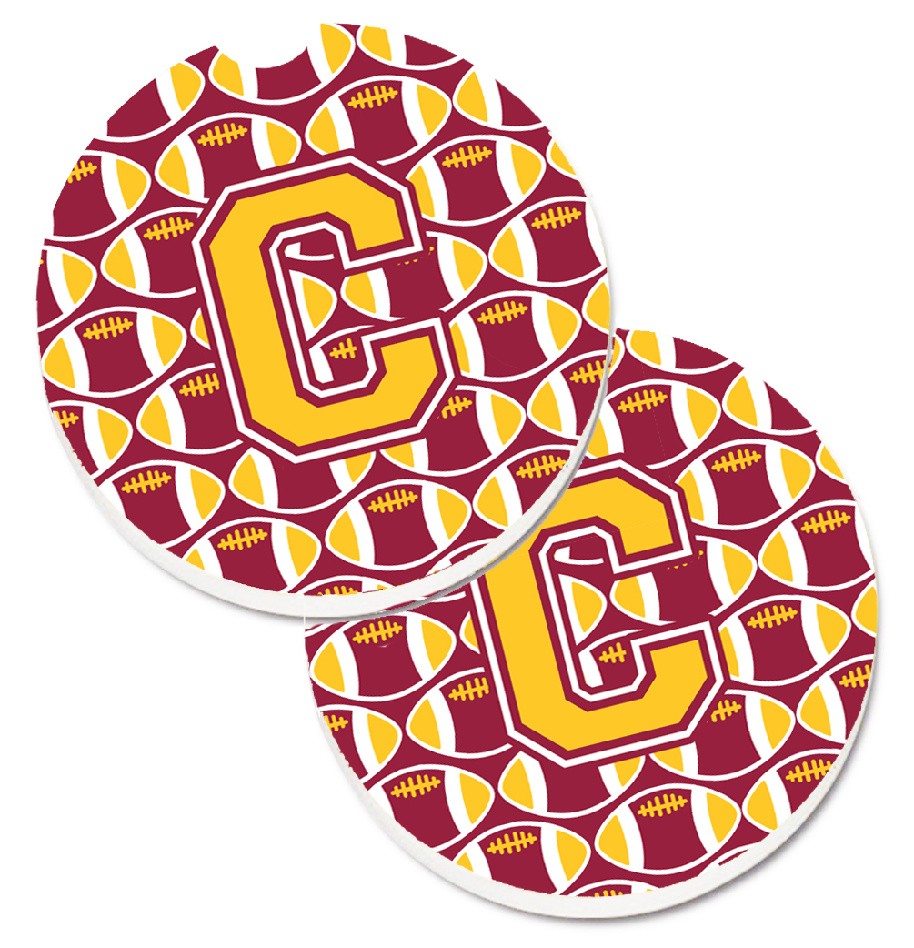 CJ1081-CCARC Letter C Football Maroon & Gold Set of 2 Cup Holder Car Coaster