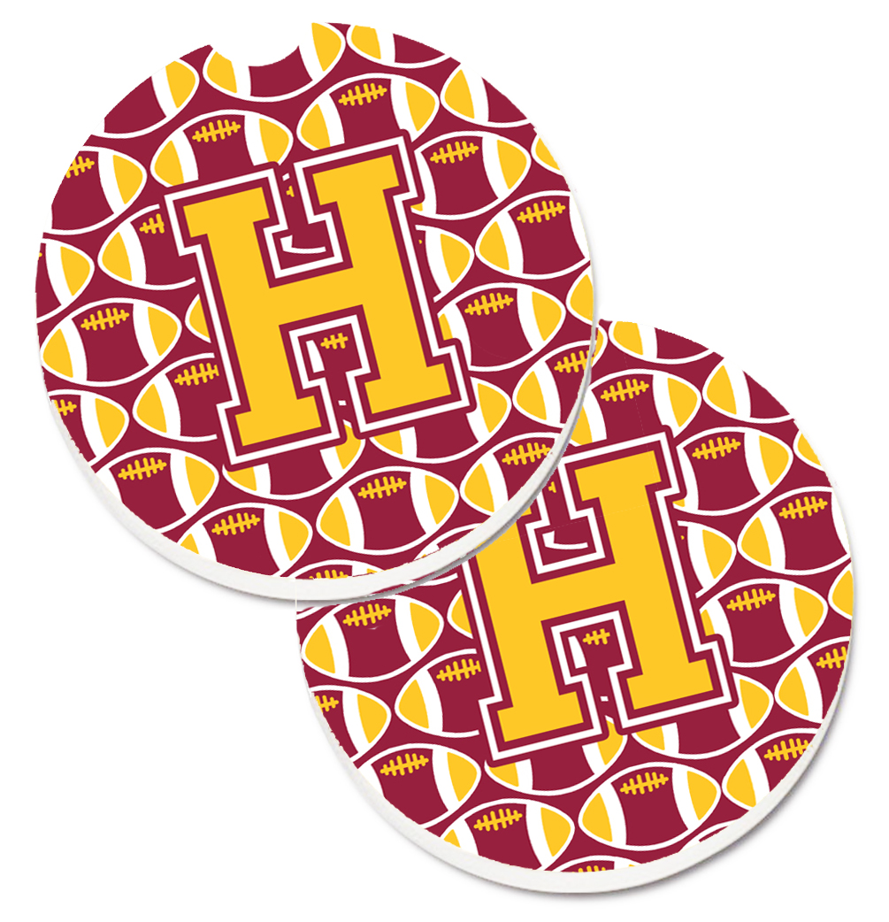 CJ1081-HCARC Letter H Football Maroon & Gold Set of 2 Cup Holder Car Coaster