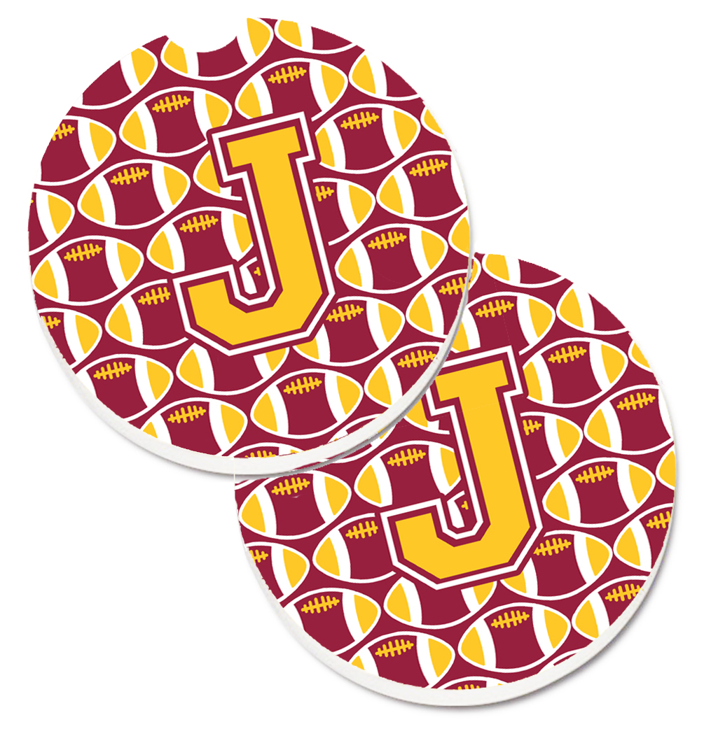CJ1081-JCARC Letter J Football Maroon & Gold Set of 2 Cup Holder Car Coaster