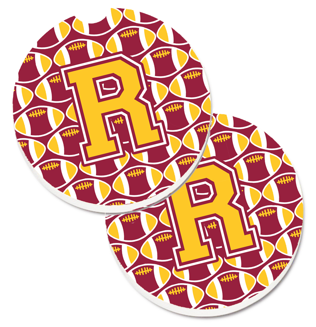 CJ1081-RCARC Letter R Football Maroon & Gold Set of 2 Cup Holder Car Coaster