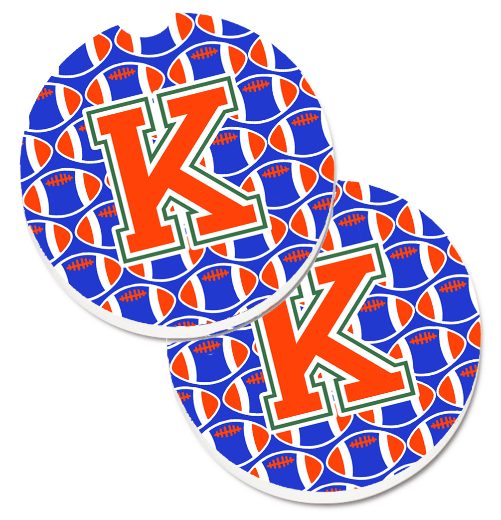 CJ1083-KCARC Letter K Football Green with Blue & Orange Set of 2 Cup Holder Car Coaster