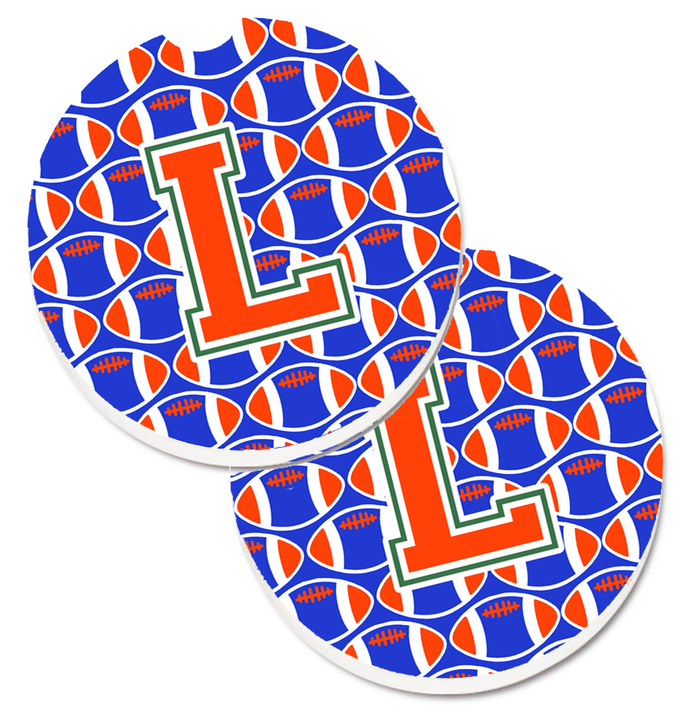 CJ1083-LCARC Letter L Football Green with Blue & Orange Set of 2 Cup Holder Car Coaster