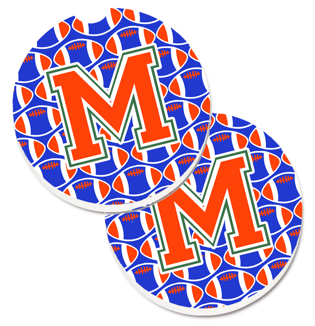 CJ1083-MCARC Letter M Football Green with Blue & Orange Set of 2 Cup Holder Car Coaster