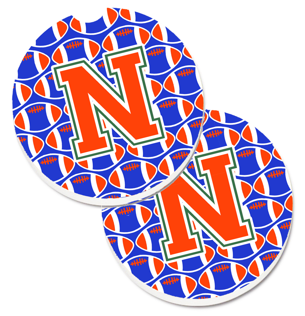 CJ1083-NCARC Letter N Football Green with Blue & Orange Set of 2 Cup Holder Car Coaster