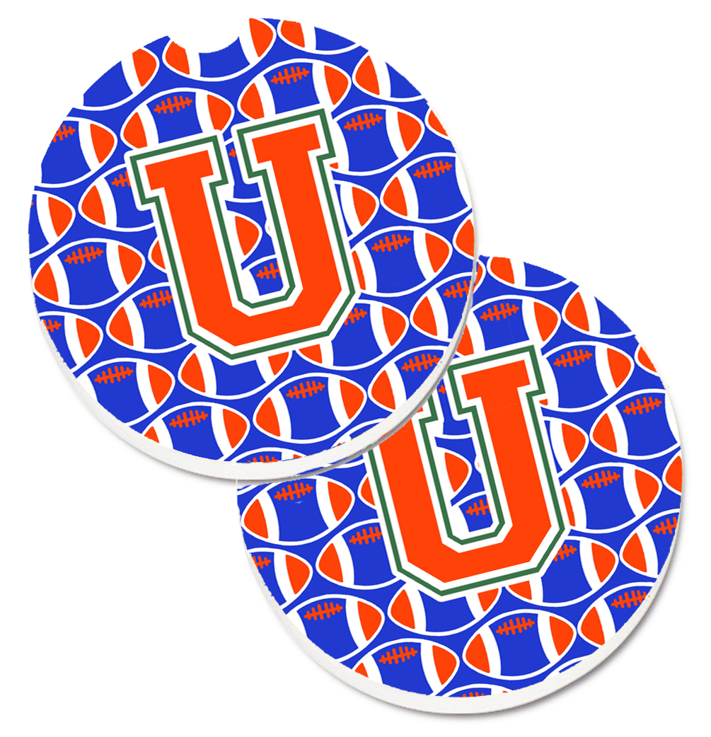 CJ1083-UCARC Letter U Football Green with Blue & Orange Set of 2 Cup Holder Car Coaster