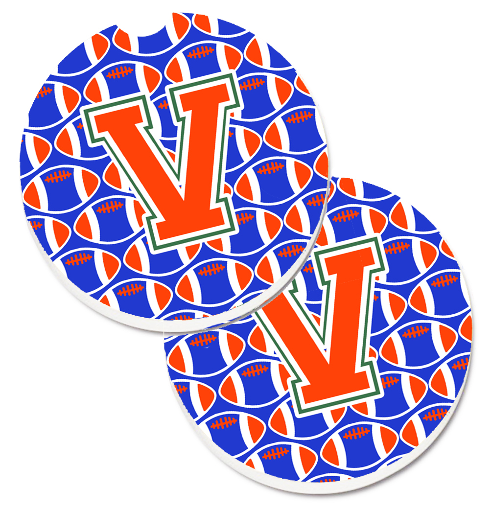 CJ1083-VCARC Letter V Football Green with Blue & Orange Set of 2 Cup Holder Car Coaster