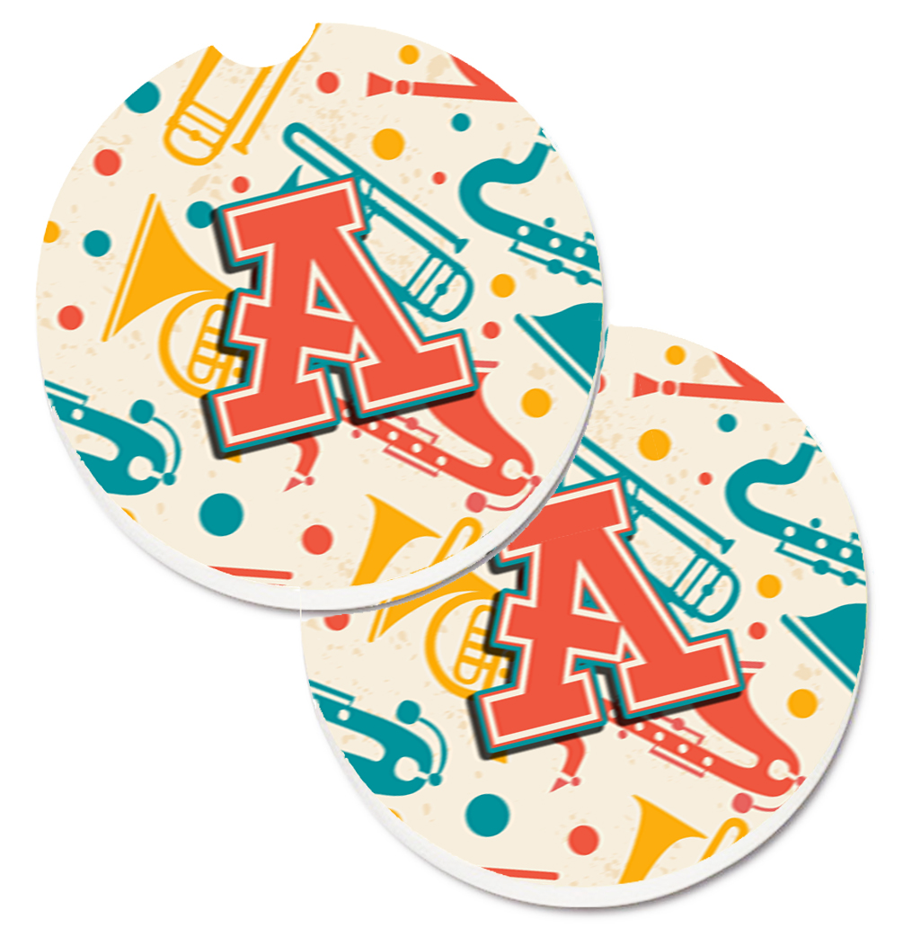 CJ2001-ACARC Letter A Retro Teal Orange Musical Instruments Initial Set of 2 Cup Holder Car Coaster