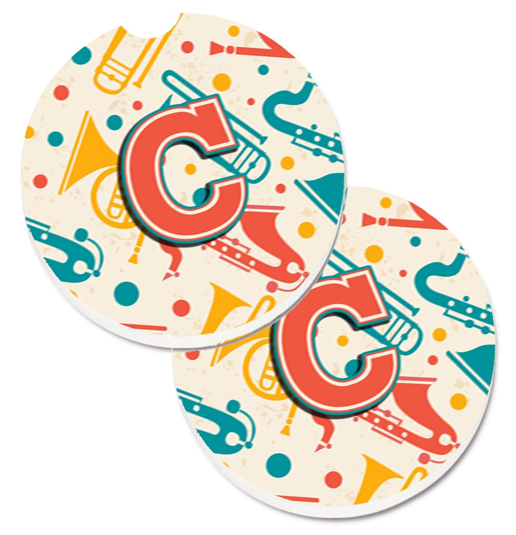 CJ2001-CCARC Letter C Retro Teal Orange Musical Instruments Initial Set of 2 Cup Holder Car Coaster
