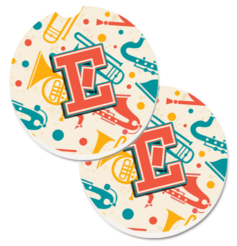 CJ2001-ECARC Letter E Retro Teal Orange Musical Instruments Initial Set of 2 Cup Holder Car Coaster