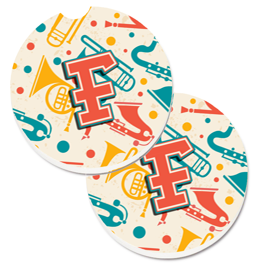 CJ2001-FCARC Letter F Retro Teal Orange Musical Instruments Initial Set of 2 Cup Holder Car Coaster