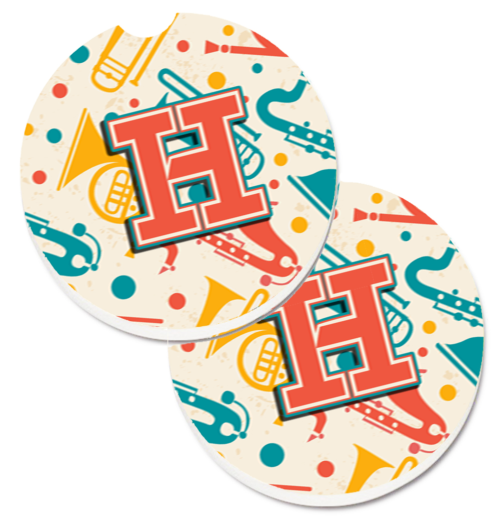CJ2001-HCARC Letter H Retro Teal Orange Musical Instruments Initial Set of 2 Cup Holder Car Coaster