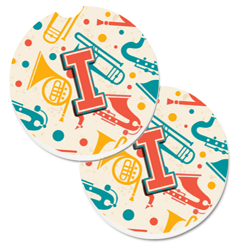 CJ2001-ICARC Letter I Retro Teal Orange Musical Instruments Initial Set of 2 Cup Holder Car Coaster