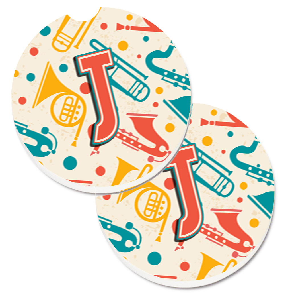 CJ2001-JCARC Letter J Retro Teal Orange Musical Instruments Initial Set of 2 Cup Holder Car Coaster