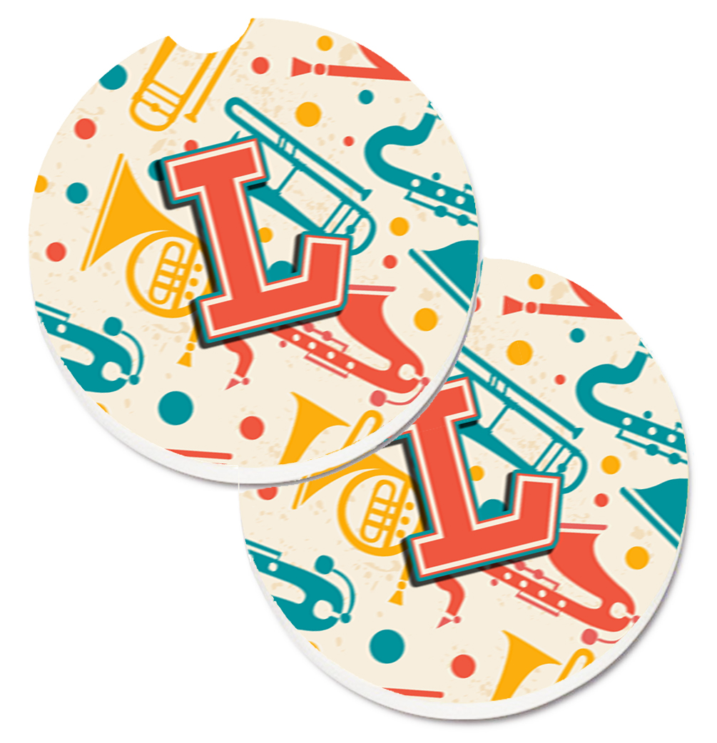 CJ2001-LCARC Letter L Retro Teal Orange Musical Instruments Initial Set of 2 Cup Holder Car Coaster