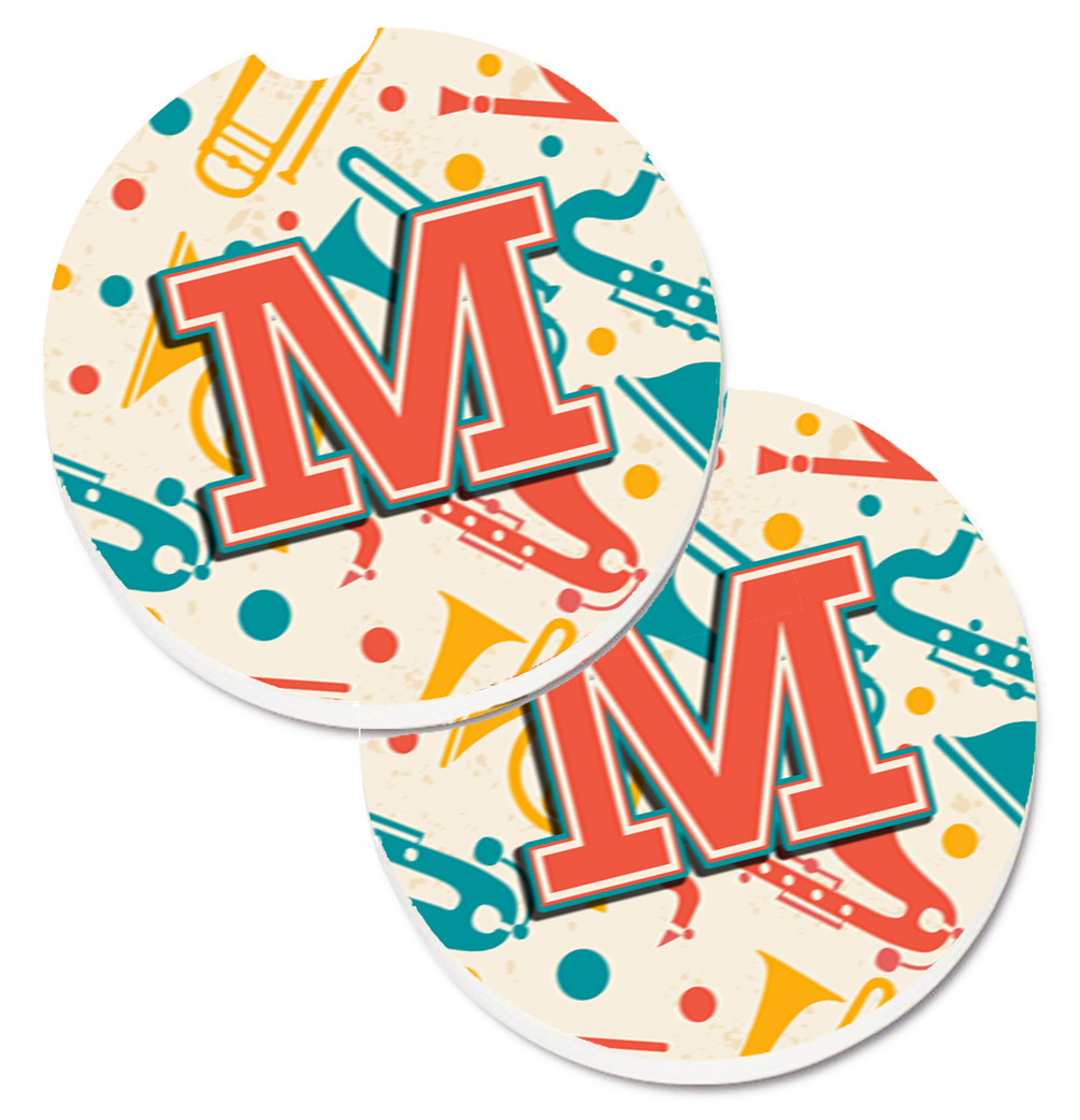 CJ2001-MCARC Letter M Retro Teal Orange Musical Instruments Initial Set of 2 Cup Holder Car Coaster