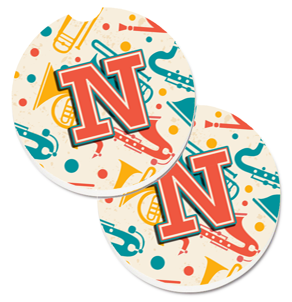 CJ2001-NCARC Letter N Retro Teal Orange Musical Instruments Initial Set of 2 Cup Holder Car Coaster
