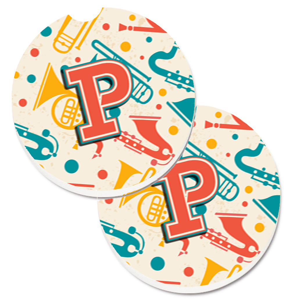CJ2001-PCARC Letter P Retro Teal Orange Musical Instruments Initial Set of 2 Cup Holder Car Coaster
