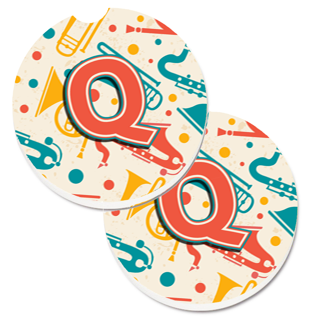 CJ2001-QCARC Letter Q Retro Teal Orange Musical Instruments Initial Set of 2 Cup Holder Car Coaster