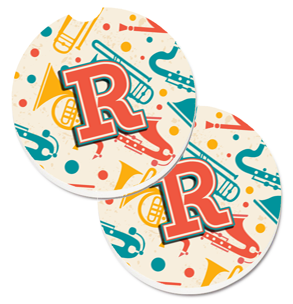 CJ2001-RCARC Letter R Retro Teal Orange Musical Instruments Initial Set of 2 Cup Holder Car Coaster