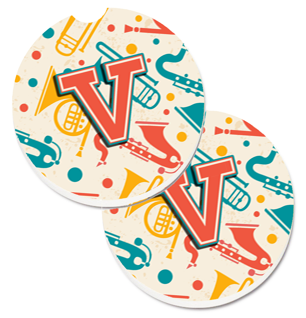 CJ2001-VCARC Letter V Retro Teal Orange Musical Instruments Initial Set of 2 Cup Holder Car Coaster