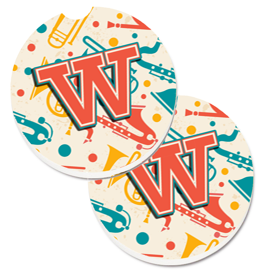 CJ2001-WCARC Letter W Retro Teal Orange Musical Instruments Initial Set of 2 Cup Holder Car Coaster
