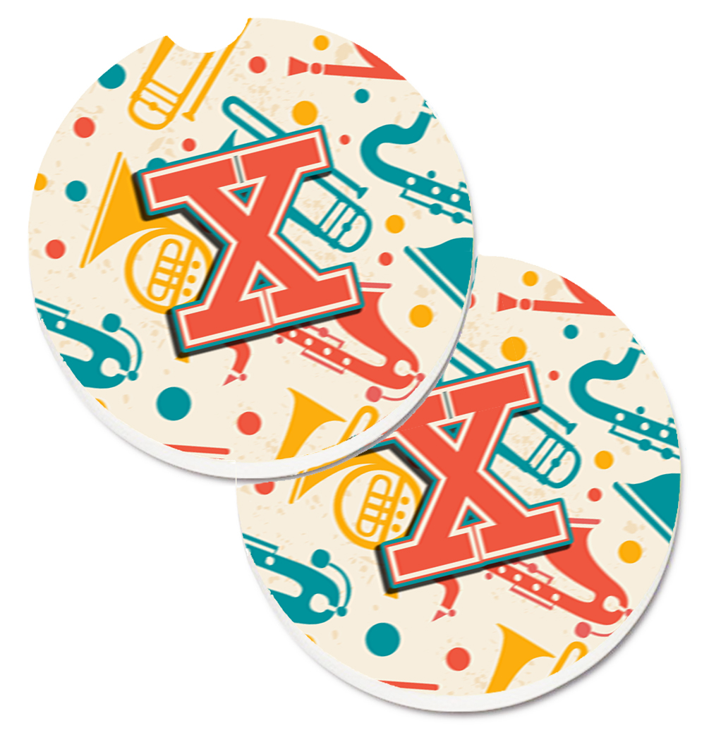 CJ2001-XCARC Letter X Retro Teal Orange Musical Instruments Initial Set of 2 Cup Holder Car Coaster