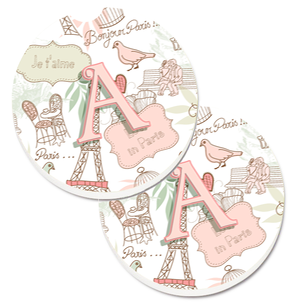 CJ2002-ACARC Letter A Love in Paris Pink Set of 2 Cup Holder Car Coaster