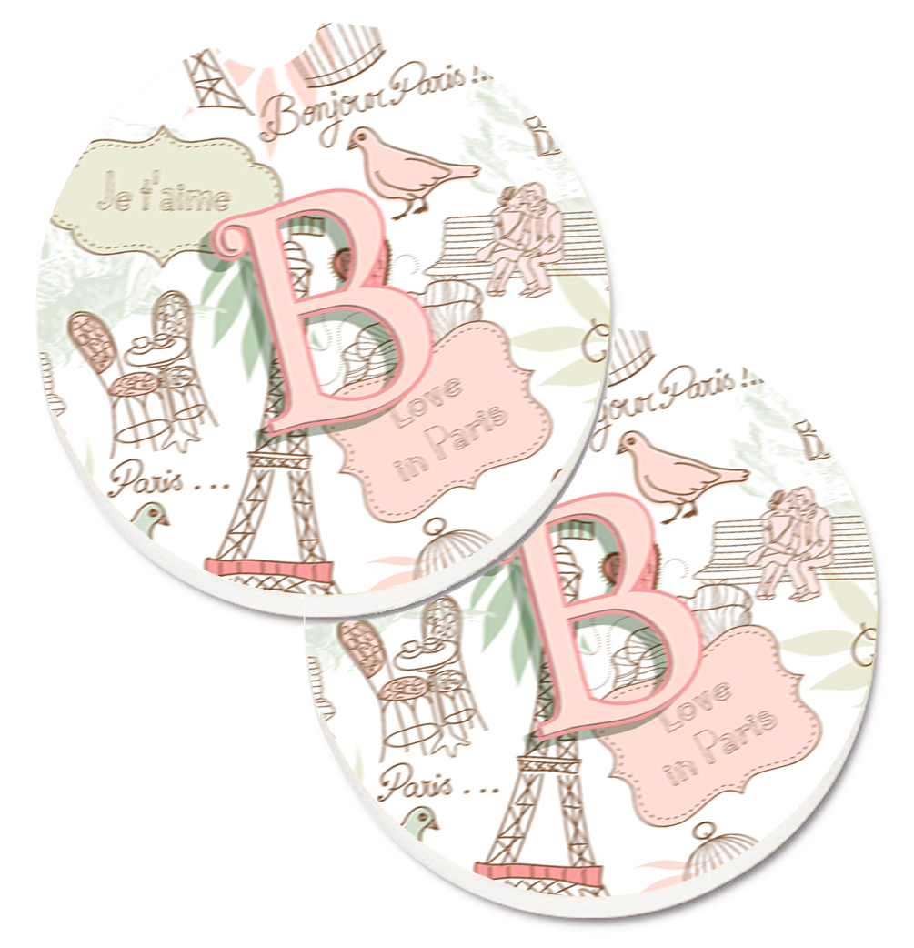 CJ2002-BCARC Letter B Love in Paris Pink Set of 2 Cup Holder Car Coaster