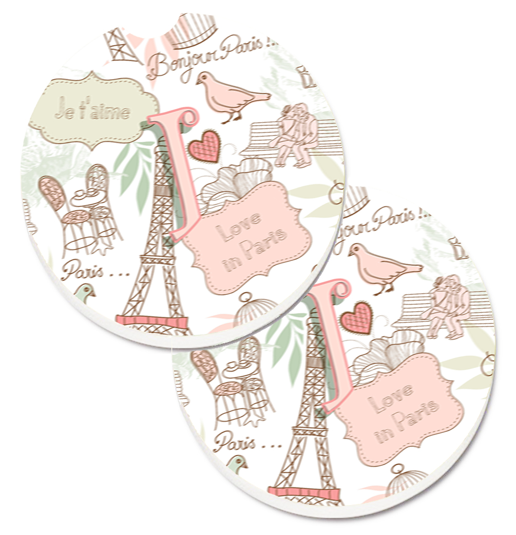 CJ2002-JCARC Letter J Love in Paris Pink Set of 2 Cup Holder Car Coaster