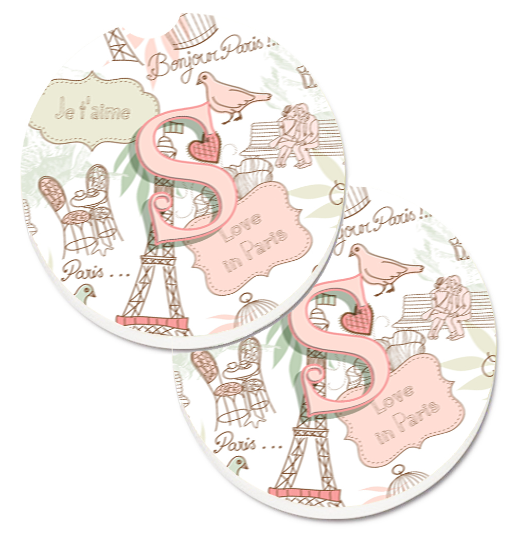 CJ2002-SCARC Letter S Love in Paris Pink Set of 2 Cup Holder Car Coaster