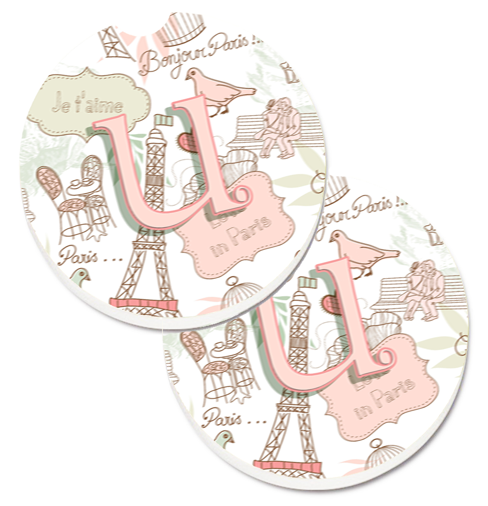 CJ2002-UCARC Letter U Love in Paris Pink Set of 2 Cup Holder Car Coaster