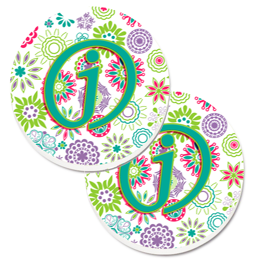 CJ2011-JCARC Letter J Flowers Pink & Teal Green Initial Set of 2 Cup Holder Car Coaster