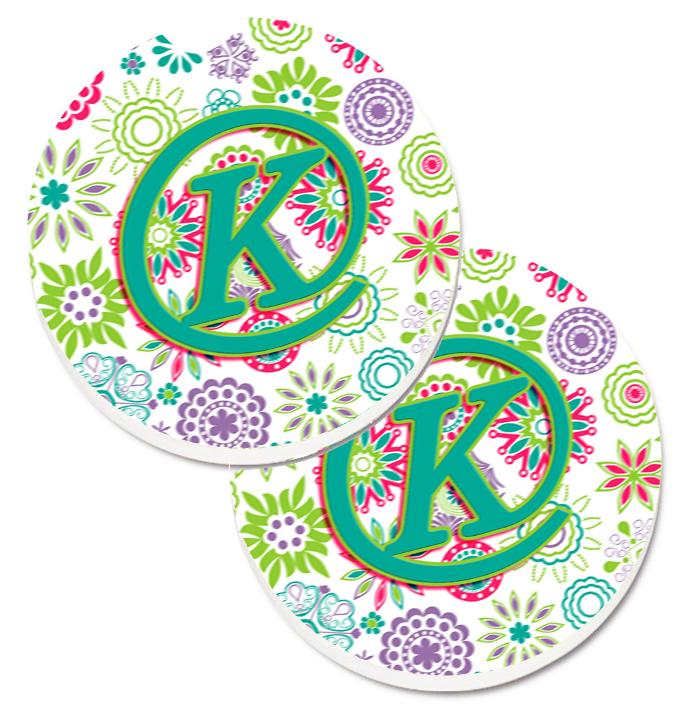 CJ2011-KCARC Letter K Flowers Pink & Teal Green Initial Set of 2 Cup Holder Car Coaster