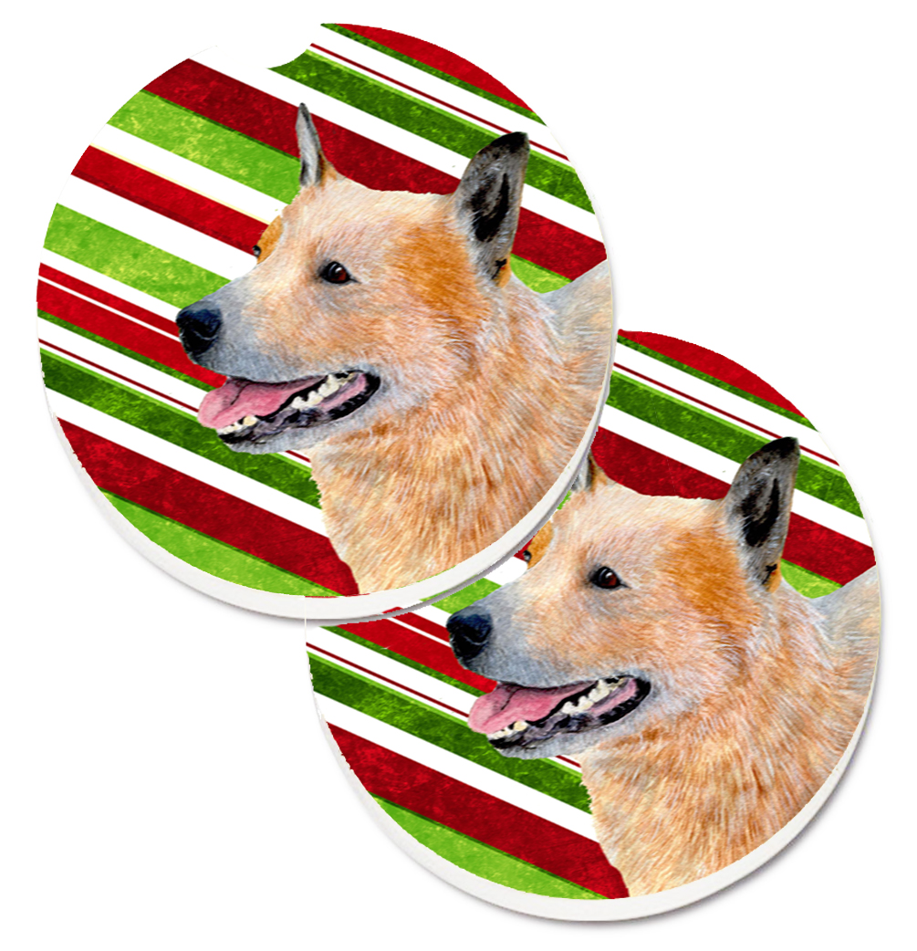 LH9227CARC Australian Cattle Dog Candy Cane Holiday Christmas Set of 2 Cup Holder Car Coaster